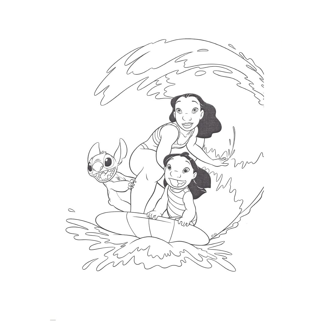 Desenho para colorir de Lilo, Stitch e Nani surfando