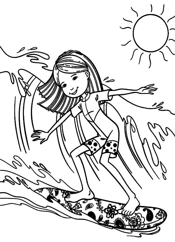Desenho para colorir de Menina surfando no mar