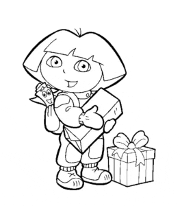 Desenho para colorir de Dora com presente de Natal