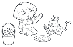 Desenho para colorir de Dora e Botas pintando ovos de páscoa