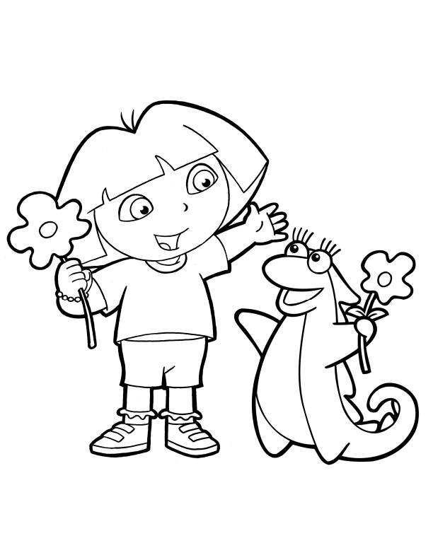 Desenho para colorir de Dora e Isa colhendo flores