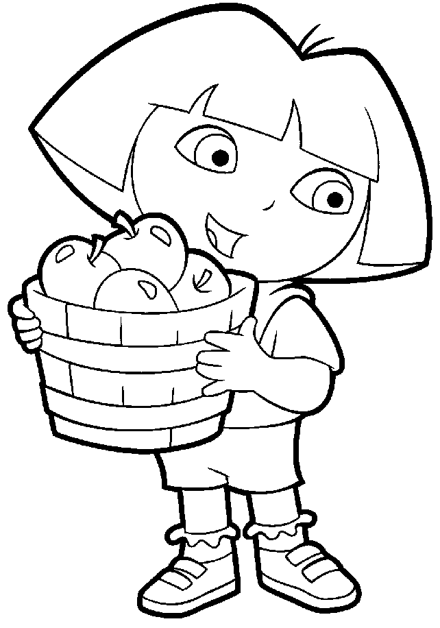 Desenho para colorir de Dora e cesto de frutas