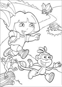 Desenho para colorir de Dora e macaco Botas apostando corrida