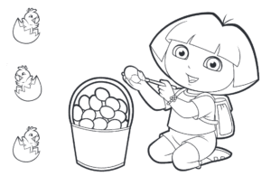 Desenho para colorir de Dora montando cesta de ovos de Páscoa