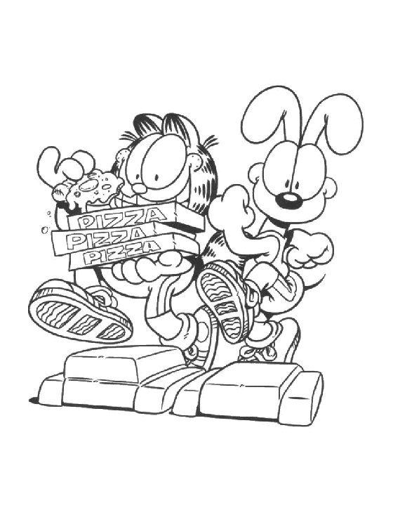 Desenho para colorir de Garfield e Odie comendo pizza