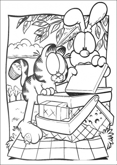 Desenho para colorir de Garfield e Odie no piquenique