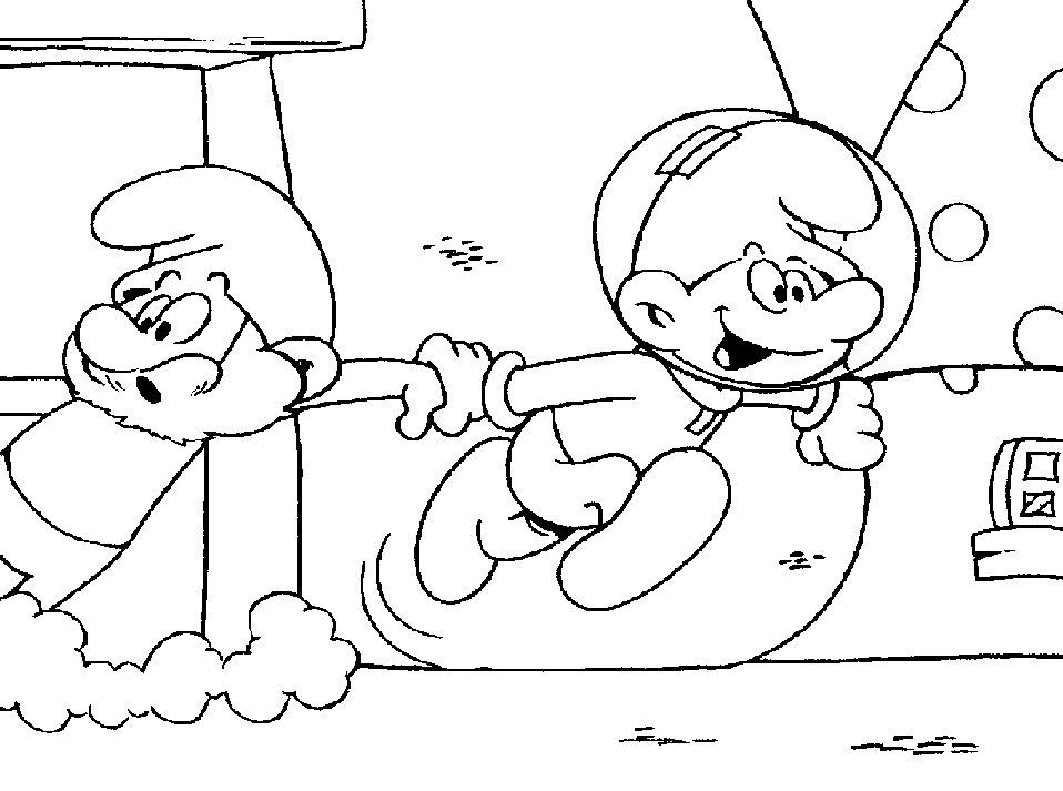 Desenho para colorir de Smurf astronauta puxando Papai Smurf