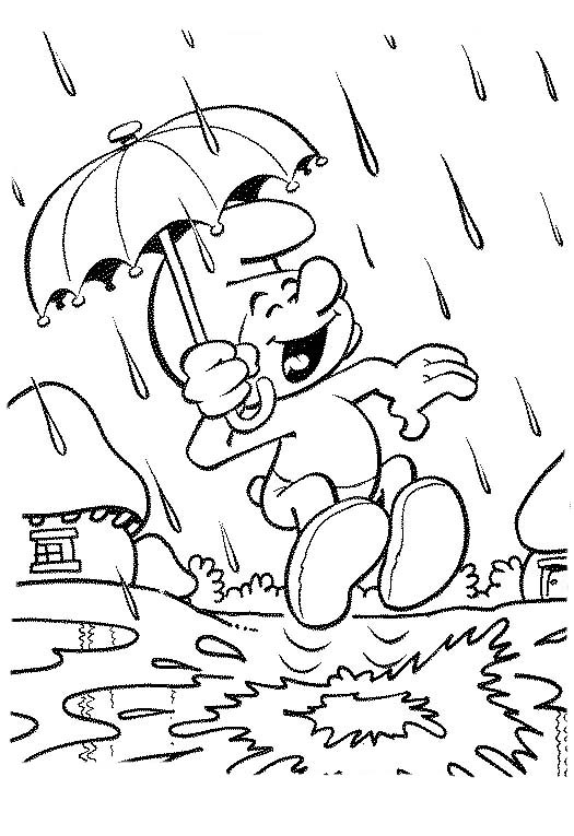 Desenho para colorir de Smurf brincando na chuva