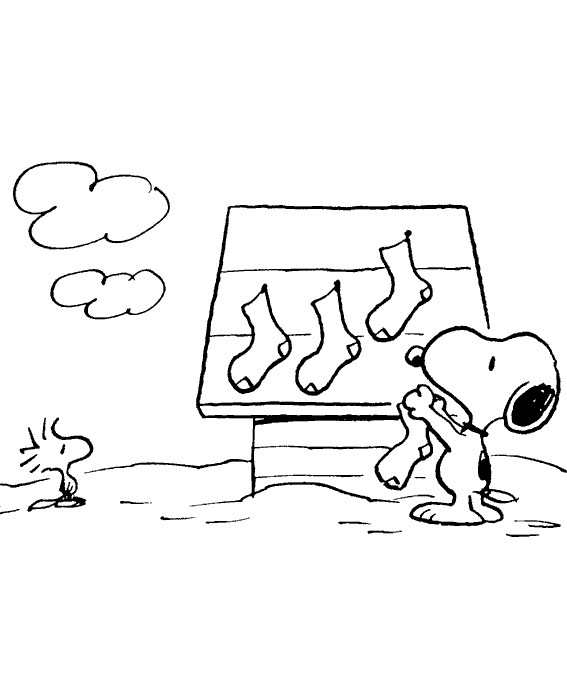 Desenho para colorir de Snoopy colocando meias de Natal