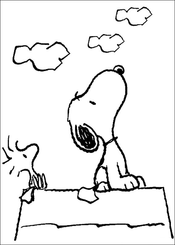 Desenho para colorir de Snoopy e Woodstock no telhado