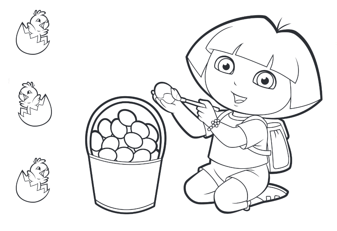 Desenho de Dora montando cesta de ovos de Páscoa para colorir